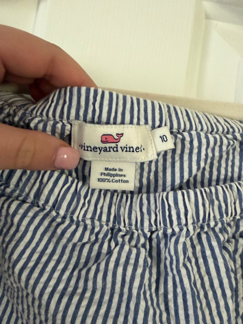 Vineyard Vines Blue and White Seersucker Shorts with Pink Whale Logo